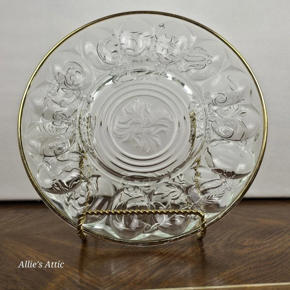 Vintage Deviled Egg Plate Dish Etched Glass Gold Floral Serving Tray 1970s 11